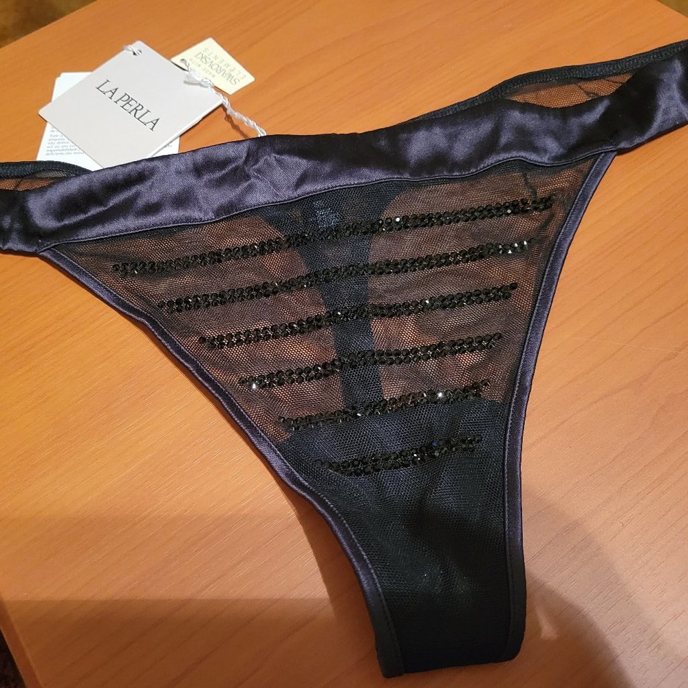 NWT LA PERLA THONG, Sheer Black w/ Swarovski Crystals  SZ L